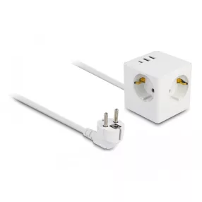   Delock 3 nyílásos csatlakozó kocka hosszabbító gyerekzárral és USB töltővel, valamint 1,5 m fehér (DL-11497)