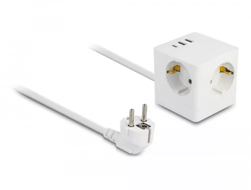 Delock 3 nyílásos csatlakozó kocka hosszabbító gyerekzárral és USB töltővel, valamint 1,5 m fehér (DL-11497)