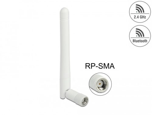 Delock WLAN 802.11 b/g/n antenna RP-SMA-dugó 2 dBi mindenirányú, dönthető csatlakozással (fehér)