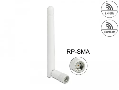 Delock WLAN 802.11 b/g/n antenna RP-SMA-dugó 2 dBi mindenirányú, dönthető csatlakozással (fehér) (DL-12006)
