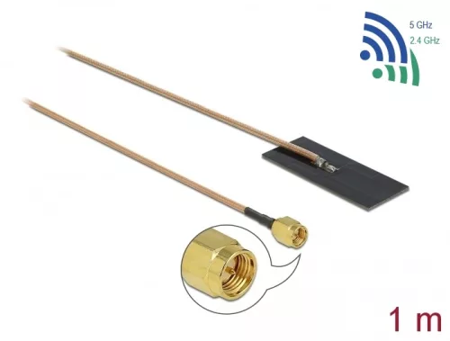 Delock WLAN 802.11 ac/ax/a/h/b/g/n Antenna, SMA csatlakozódugó, 0,5 - 1,2 dBi, RG-178 1 m-es NYÁK-la (DL-12610)