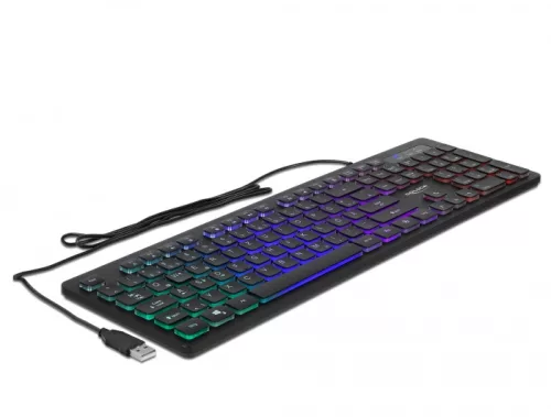 Delock NÉMET USB csatlakozós, 1,5 m hosszú vezetékes klaviatúra RGB megvilágítással (DL-12625)