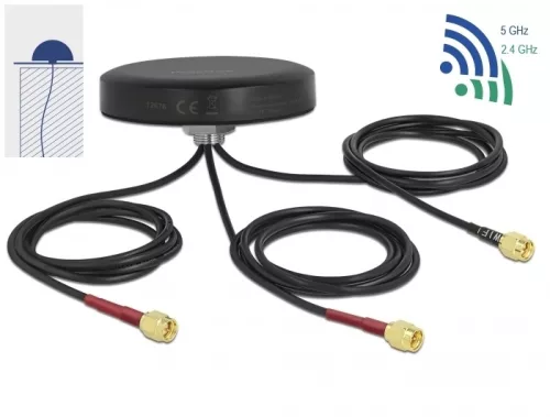 Delock LTE MIMO két sávos, kültéri, fekete WLAN 802.11 ac/ax/a/h/b/g/n antenna 3 db. SMA apa RG-174, (DL-12676)