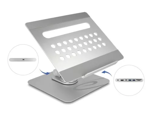 Delock Tablet és laptop állvány beépített dokkoló állomással 4K - HDMI / Kártyaolvasó / Hub / PD 3.0 90 W - 360  forgatható (DL-18457)