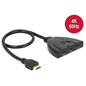   Delock HDMI UHD-kapcsoló, 3 x HDMI-bemenet > 1 x HDMI-kimenet, 4K integrált kábellel (50 cm) (DL-18600)