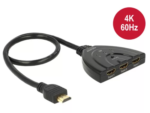 Delock HDMI UHD-kapcsoló, 3 x HDMI-bemenet > 1 x HDMI-kimenet, 4K integrált kábellel (50 cm) (DL-18600)