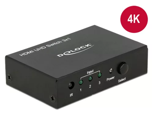 Delock HDMI UHD-kapcsoló, 3 x HDMI-bemenet > 1 x HDMI-kimenet, 4K (DL-18683)