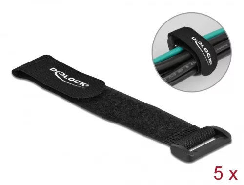 Delock Befűzős kábelkötegelő tépőzárral hossza 190 mm, szélessége 25 mm, 5 db. Fekete (DL-19531)