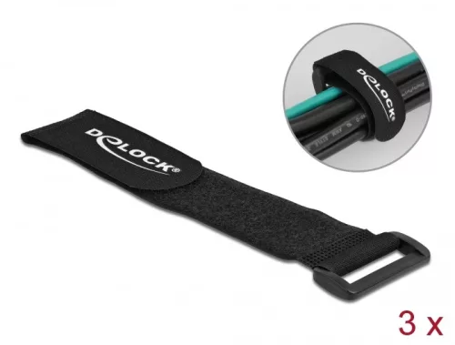 Delock Befűzős kábelkötegelő tépőzárral hossza 280 mm, szélessége 38 mm, 3 db. Fekete (DL-19534)