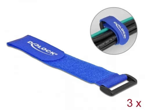 Delock Befűzős kábelkötegelő tépőzárral hossza 280 mm, szélessége 38 mm, 3 db. Kék (DL-19536)