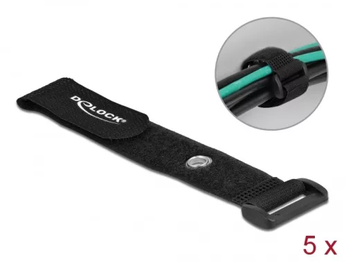Delock Befűzős kábelkötegelő tépőzárral és szorító karikával hossza 190 mm, szélessége 25 mm, 5 db. (DL-19543)