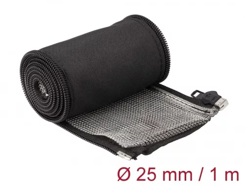 Delock Hőellenálló EMI Shielding fonott borítás zipzárral, 1 m x 25 mm méretű, fekete (DL-20847)