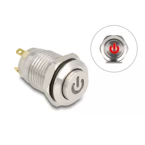   Delock Nyomógomb beszereléshez 12 mm 4 x forrasztási csatlakozó LED piros bekapcsolási szimbólum (DL-20981)