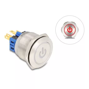   Delock Nyomógomb beszereléshez 25 mm 6 x forrasztási csatlakozó LED piros bekapcsolási szimbólummal + gyűrű (DL-20987)