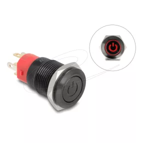   Delock Nyomó gomb beszereléshez fekete 16 mm 12 V 5 x forrasztási csatlakozás LED piros bekapcsolás szimbólum + gyűrű (DL-22013)