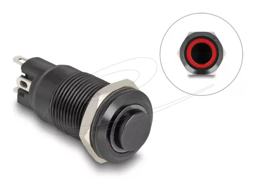 Delock Nyomó gomb beszereléshez fekete 12 mm 12 V 4 x forrasztási csatlakozás LED piros gyűrű (DL-22014)