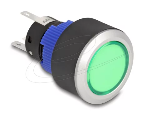Delock Kiálló nyomógomb installációhoz 22 mm 5 db. forrasztott csatlakozó működtetővel lapos, műanyag zöld LED világítás (DL-22048)