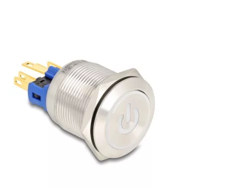 Delock nyomókapcsoló beépítéshez 22 mm 6 x forrasztási csatlakozó LED fehér teljesítmény szimbólum + gyűrű (DL-22051)