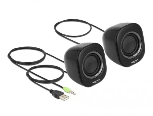 Delock Mini Sztereó személyi számítógép hangfal 3,5 mm sztereó jack apával és USB töltéssel (DL-27002)