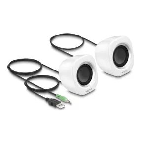   Delock Mini Sztereó személyi számítógép hangfal 3,5 mm sztereó jack apával és USB töltéssel fehér (DL-27008)