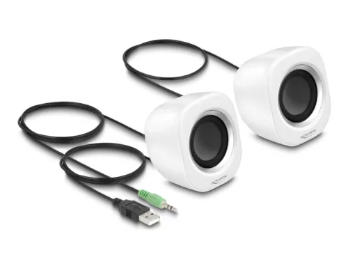Delock Mini Sztereó személyi számítógép hangfal 3,5 mm sztereó jack apával és USB töltéssel fehér (DL-27008)