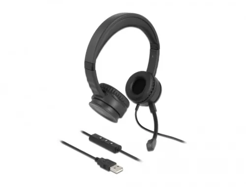 Delock USB sztereo fejhallgató kábelen távirányítóval és némító gombbal személyi számítógéphez és la (DL-27180)