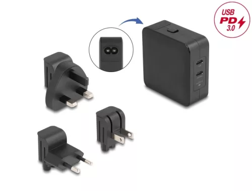 Delock USB GaN töltó 2 x USB Type-C PD 3.0 65 W teljesítménnyel (DL-41443)