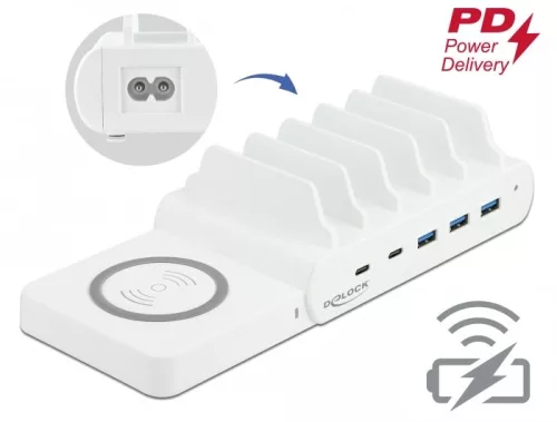 Delock USB és vezeték nélküli töltő 2 db. USB Type-C PD és 3 db. A-típusú USB 110 W-tal (DL-41450)