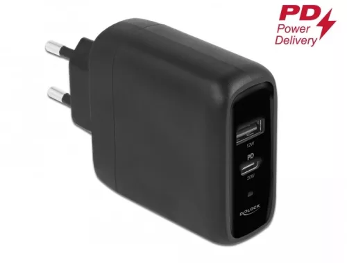 Delock USB töltő USB Type-C  PD 3.0 és A-típusú USB-hez 20 W + 12 W teljesítménnyel (DL-41455)