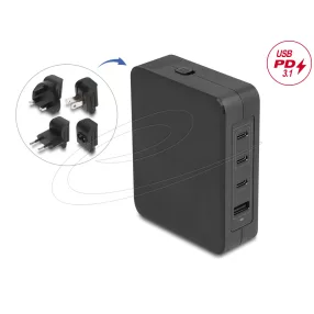   Delock USB GaN töltő 3 x USB Type-C  PD 3.1 és 1 x USB Type-A 145 W teljesítménnyel, tápadapterrel az EU/USA/UK számára (DL-41473)