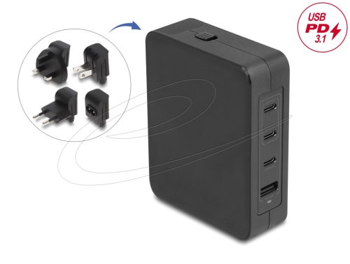 Delock USB GaN töltő 3 x USB Type-C  PD 3.1 és 1 x USB Type-A 145 W teljesítménnyel, tápadapterrel az EU/USA/UK számára