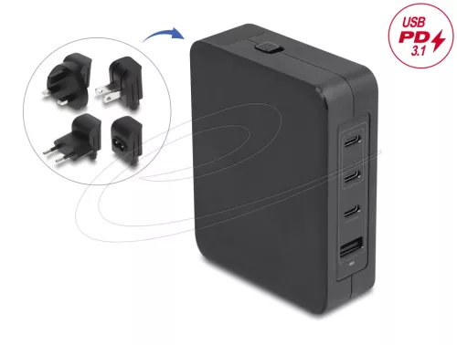 Delock USB GaN töltő 3 x USB Type-C  PD 3.1 és 1 x USB Type-A 145 W teljesítménnyel, tápadapterrel az EU/USA/UK számára (DL-41473)