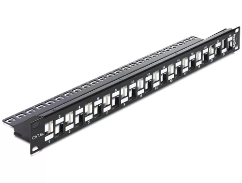 Delock 19" méretű, 24db lépcsőzetes elrendezésű porttal rendelkező Keystone patchpanel tehermentesít (DL-43278)