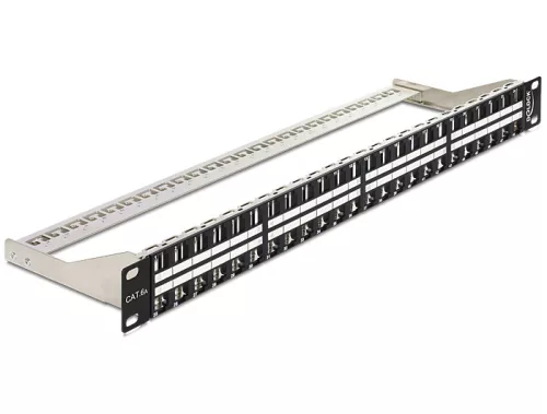 Delock 19" méretű, 48 portos Keystone 1U patchpanel tehermentesítővel (DL-43280)