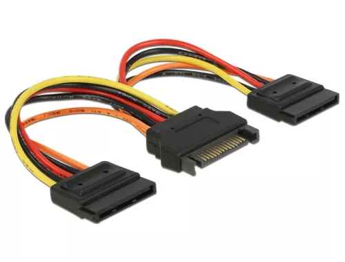 Delock SATA tápkábel 15 tus csatlakozódugóval > 2 x hálózati SATA 15 tus csatlakozóhüvellyel, 15 cm (DL-60143)