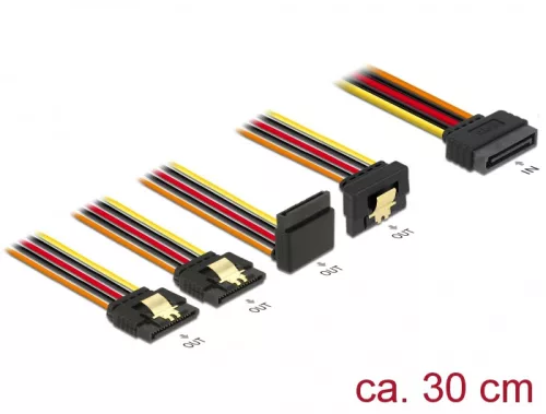Delock 15 pin-es SATA kábel bemeneti zár funkcióval > 15 pin-es SATA tápcsatlakozó kimeneti 2 x egye (DL-60148)