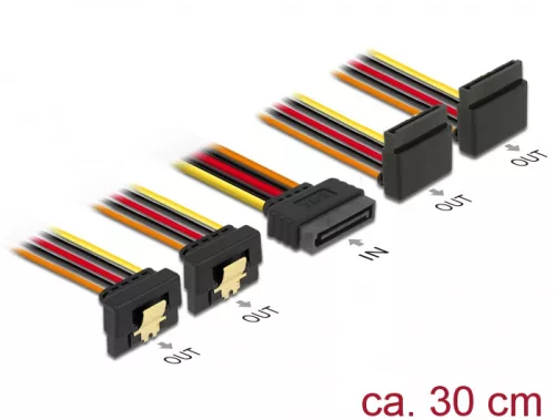Delock 15 pin-es SATA kábel bemeneti zár funkcióval > 15 pin-es SATA tápcsatlakozó kimeneti 2 x lefe (DL-60154)