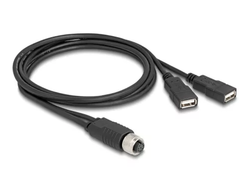 Delock M12 kábel A-kódú, 8 tűs anya- 2 x USB 2.0 A-típusú anya 1 m fekete (DL-60290)