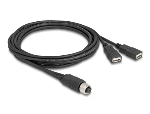 Delock M12 kábel A-kódú, 8 tűs anya- 2 x USB 2.0 A-típusú anya 2 m fekete (DL-60291)