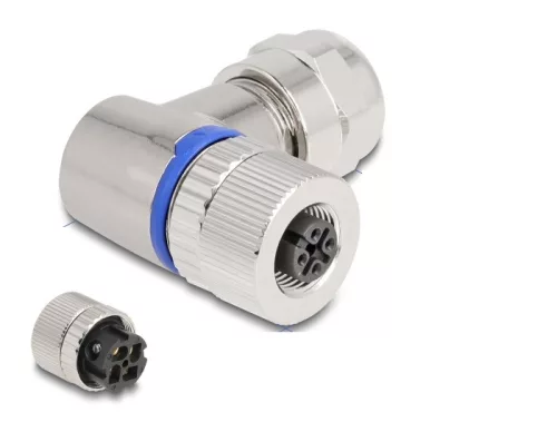 Delock M12 Csatlakozó A-kódolású, 4 tűs anya csavarozható kapcsolat 90 -os szögben fém (DL-60565)