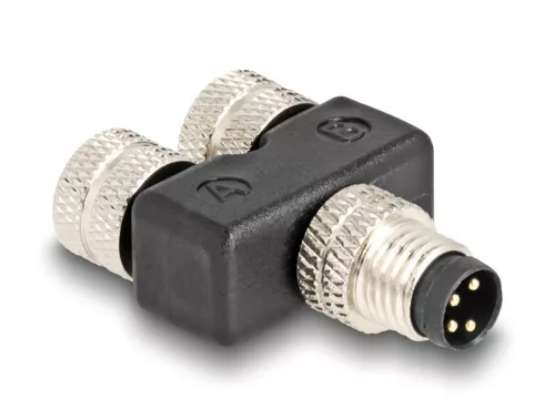 Delock M8 Y-megosztó A-kódolt 4 tűs 1 x apa - 2 db. hüvely párhuzamos kapcsolással (DL-60577)