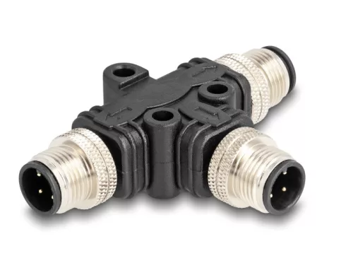 Delock M12 T-megosztó A-kódolt 4 tűs 1 x apa - 2 db. apa párhuzamos kapcsolással (DL-60578)