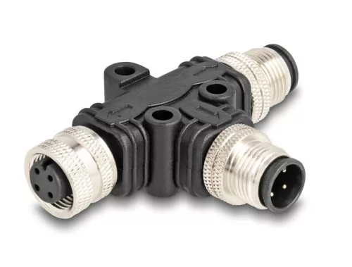 Delock M12 T-megosztó A-kódolt 4 tűs 1 x apa - 1 db. apa és 1 db. hüvely párhuzamos kapcsolással (DL-60580)