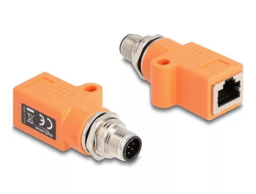 Delock M12 A-kódolt adapter 8 tűs apa - RJ45 anya Cat.5e beszerelő mélyedéssel egyenes, narancssárga színű (DL-60617)
