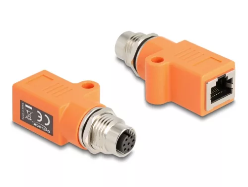 Delock M12 A-kódolt adapter 8 tűs anya - RJ45 anya Cat.5e beszerelő mélyedéssel, egyenes, narancssárga színű (DL-60618)