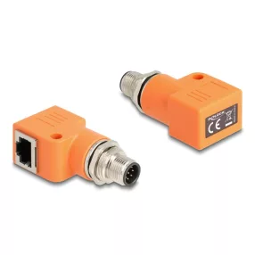   Delock M12 A-kódolt adapter 8 tűs apa - RJ45 anya Cat.5e beszerelő mélyedéssel, 90 -ban hajlított, narancssárga színű (DL-60627)