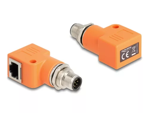 Delock M12 A-kódolt adapter 8 tűs apa - RJ45 anya Cat.5e beszerelő mélyedéssel, 90 -ban hajlított, narancssárga színű (DL-60627)