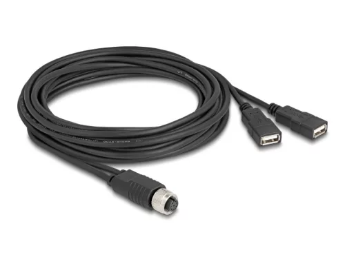 Delock M12 kábel A-kódú, 8 tűs anya- 2 x USB 2.0 A-típusú anya 3 m fekete (DL-60651)