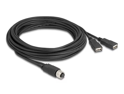 Delock M12 kábel A-kódú, 8 tűs anya- 2 x USB 2.0 A-típusú anya 5 m fekete (DL-60652)