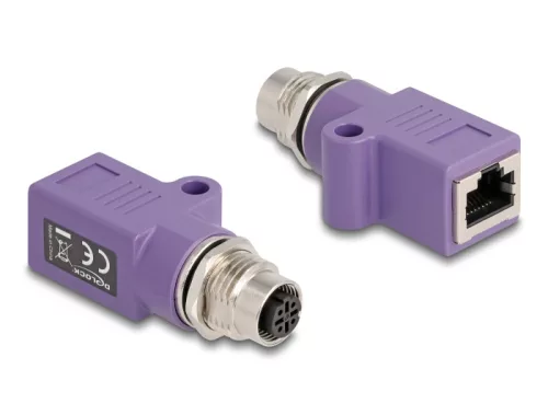 Delock M12 D-kódolt adapter 4 tűs anya - RJ45 anya Cat.5e beszerelő mélyedéssel, egyenes, lila színű (DL-60678)